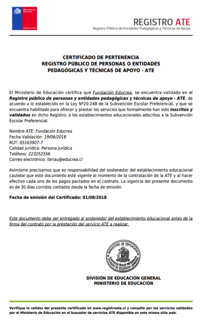 Certificado de Pertenencia - Registro público de personas o entidades pedagógicas y técnicas de apoyo ATE